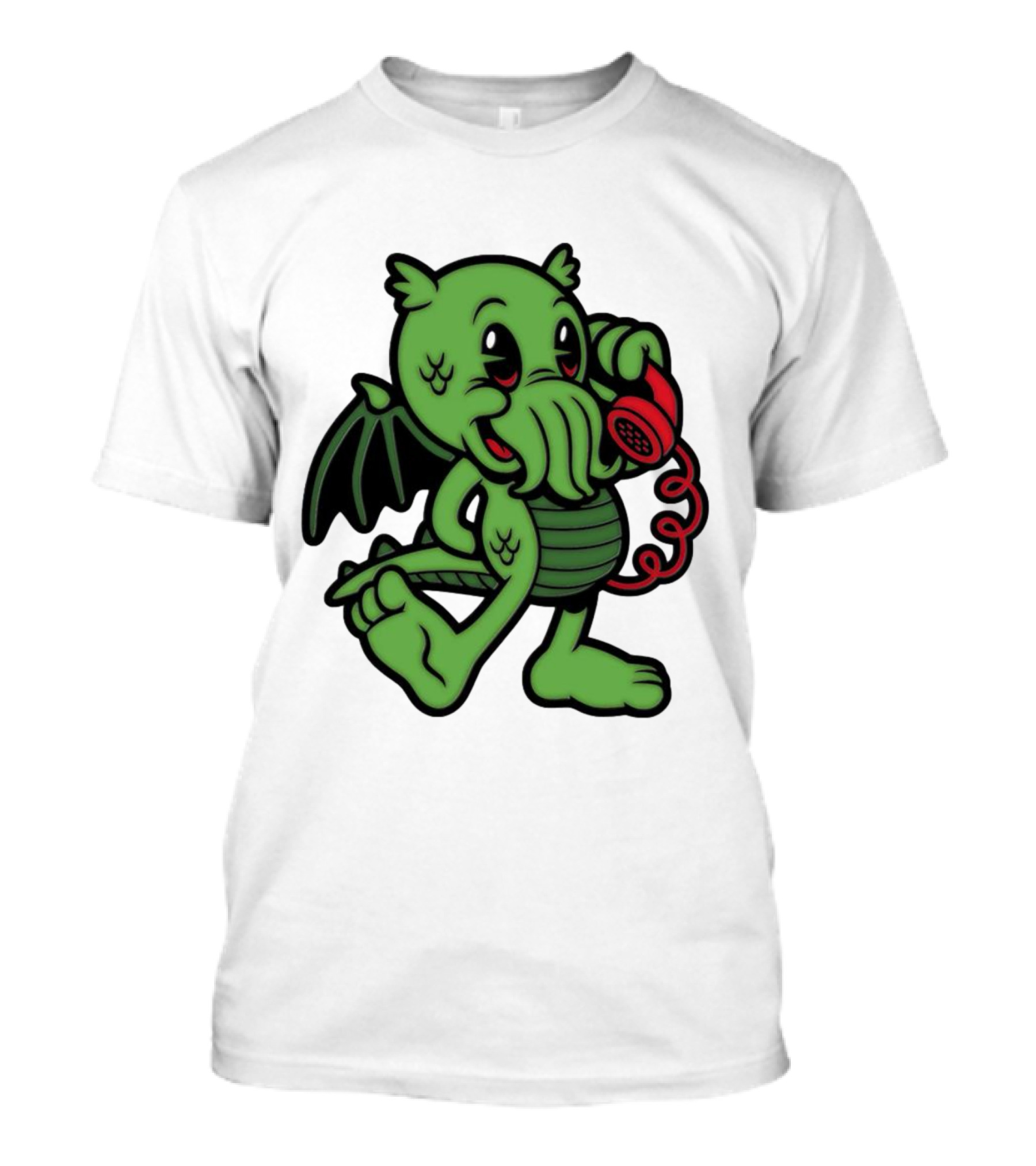 Chubby Cthulhu Phone Call Cartoon With Red Retro Telephone T-Shirt