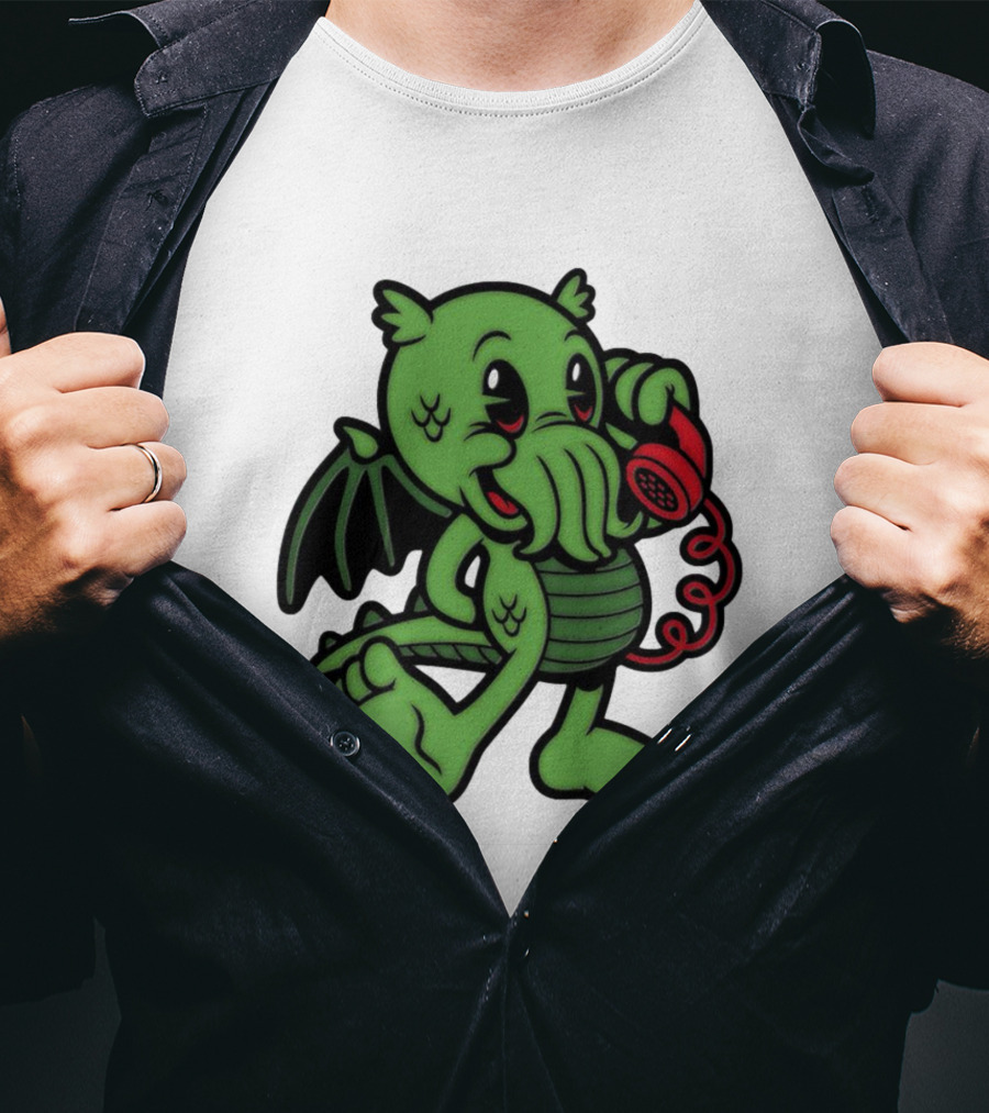 Chubby Cthulhu Phone Call Cartoon With Red Retro Telephone T-Shirt