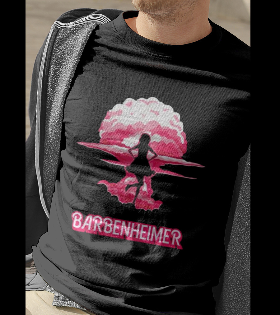 Barbenheimer Fusion Silhouette With Pink Explosion Background T-Shirt