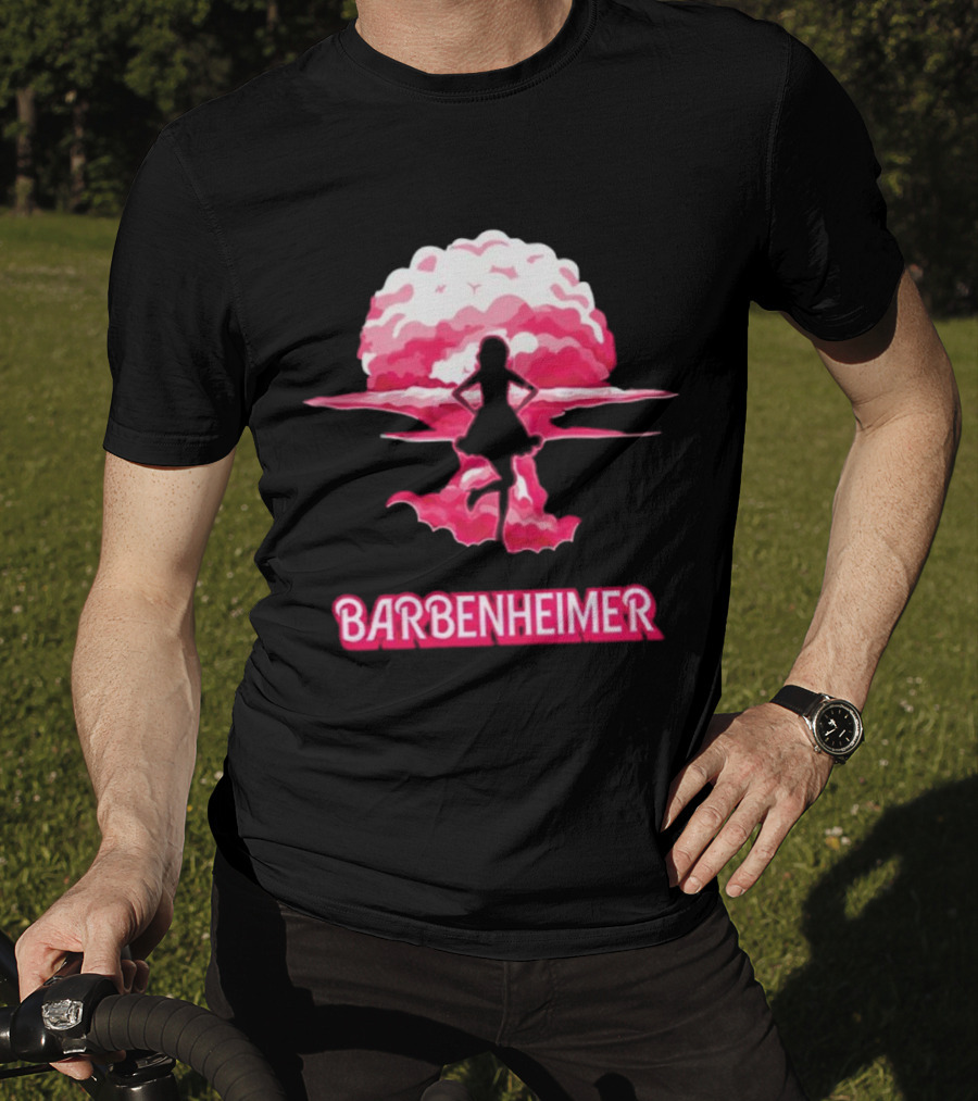 Barbenheimer Fusion Silhouette With Pink Explosion Background T-Shirt