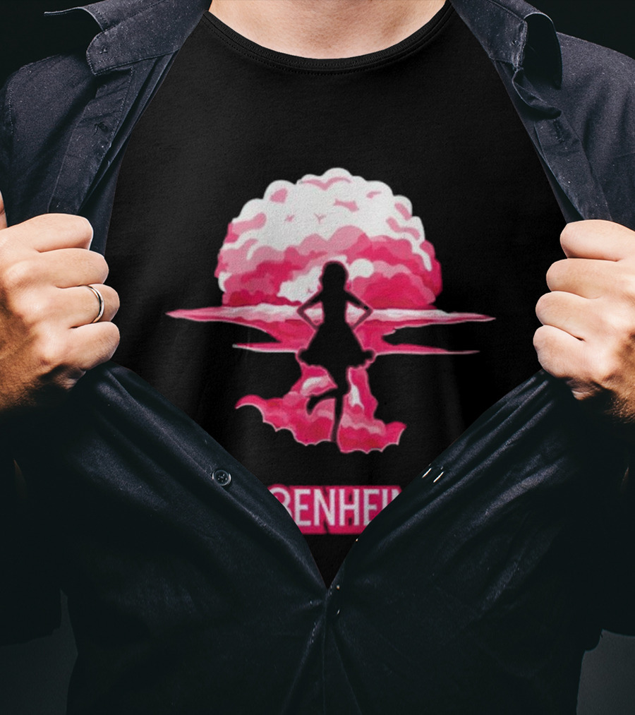 Barbenheimer Fusion Silhouette With Pink Explosion Background T-Shirt