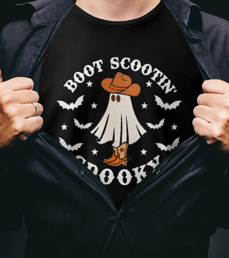 Boot Scootin Ghost With Cowboy Hat Spooky Halloween T-Shirt