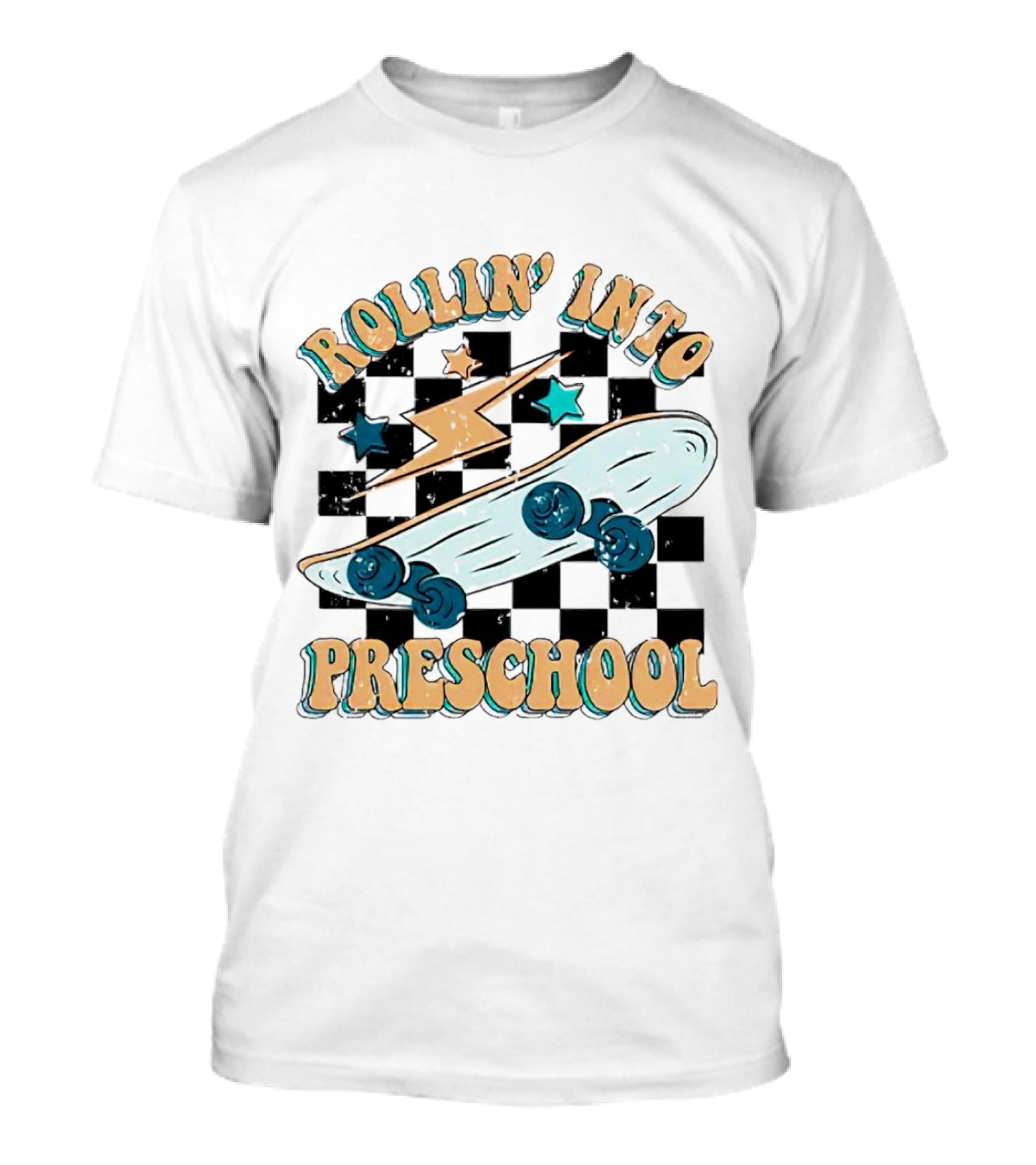 Rollin Into Preschool Skateboard Lightning Stars Checkered Background T-Shirt