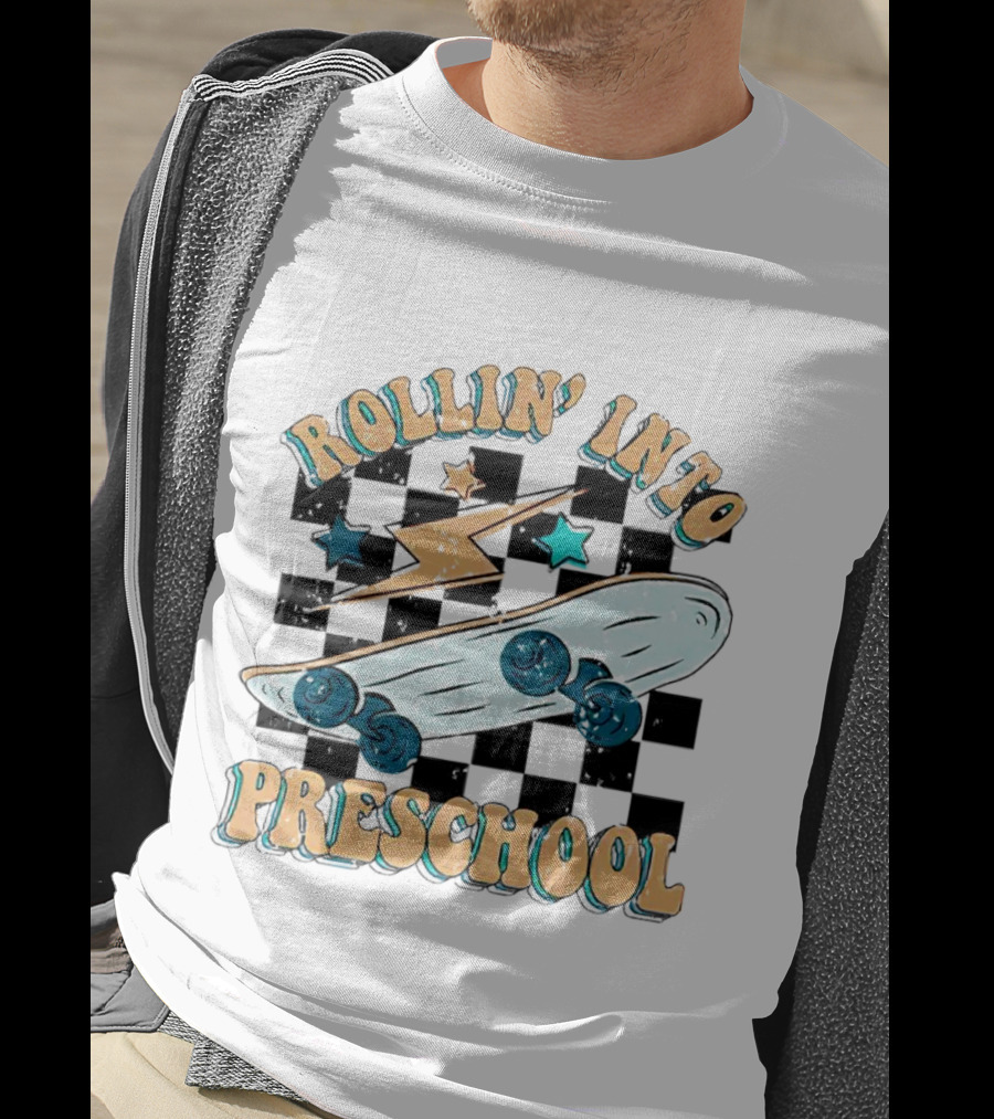 Rollin Into Preschool Skateboard Lightning Stars Checkered Background T-Shirt