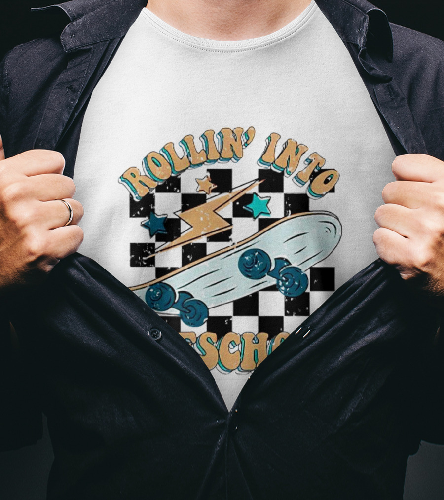Rollin Into Preschool Skateboard Lightning Stars Checkered Background T-Shirt