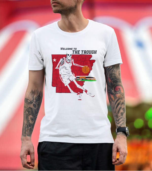 Premium T-Shirt: Welcome to the Trough Arkansas Razorbacks Basketball Skeleton Player Red Map T-Shirt Welcome to the Trough Arkansas Razorbacks Basketball Skeleton Player Red Map T-Shirt