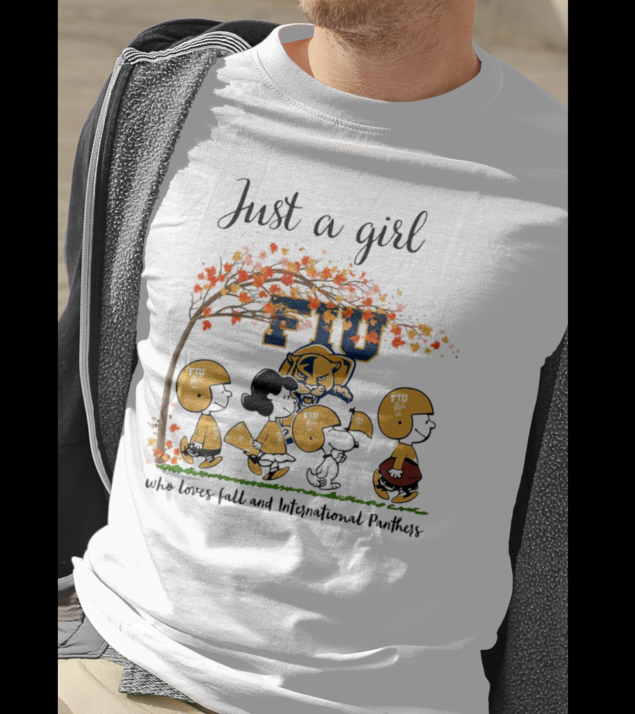 Just A Girl Who Loves Fall And FIU International Panthers Peanuts Cartoon T-Shirt
