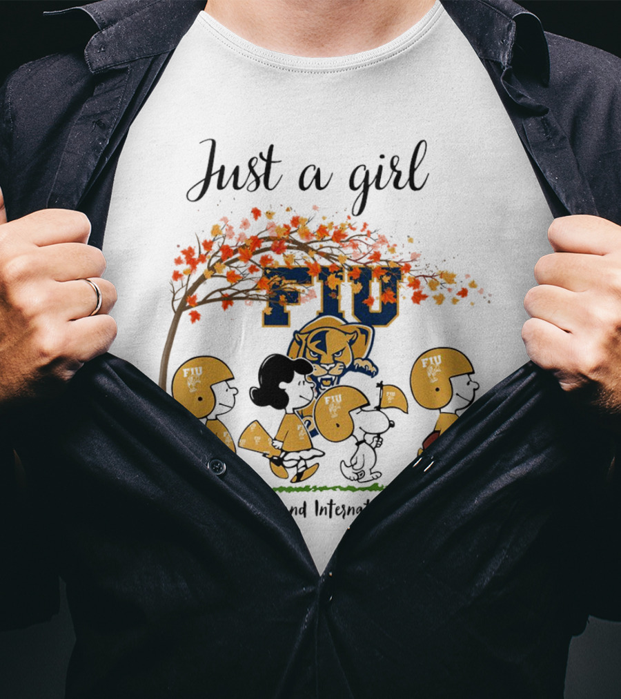 Just A Girl Who Loves Fall And FIU International Panthers Peanuts Cartoon T-Shirt
