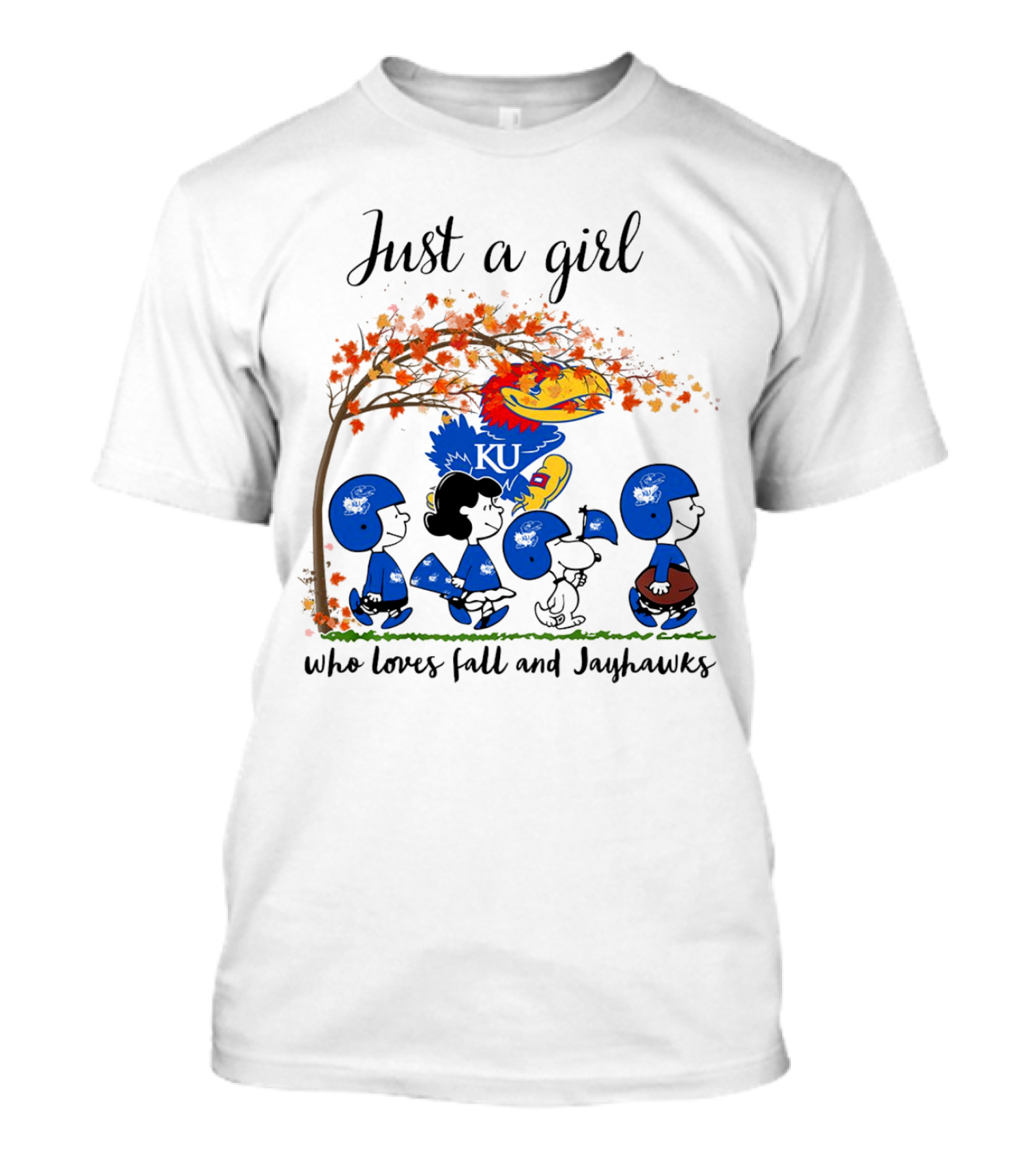 Just A Girl Who Loves Fall And Jayhawks Peanuts Cartoon Halloween KU T-Shirt