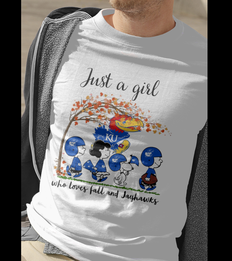 Just A Girl Who Loves Fall And Jayhawks Peanuts Cartoon Halloween KU T-Shirt