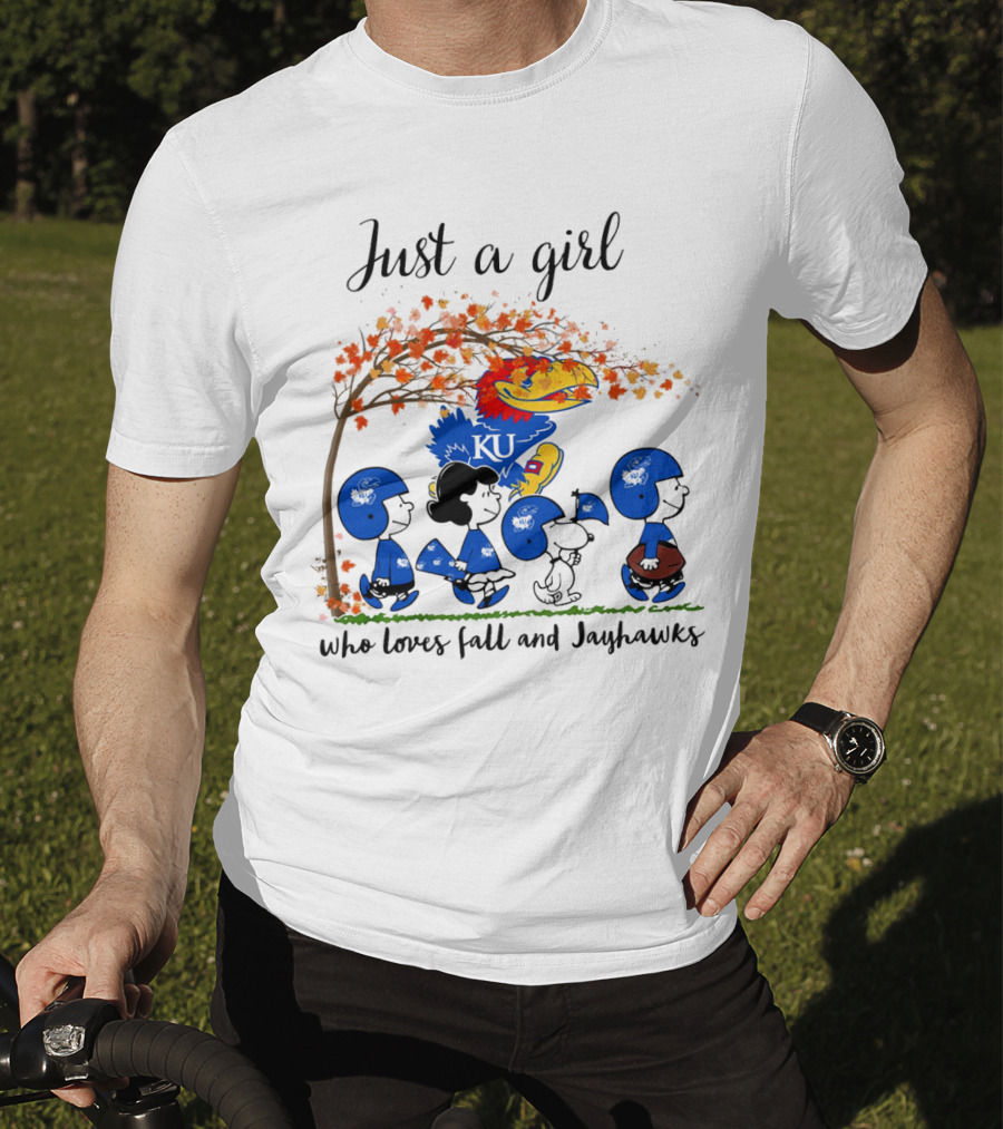 Just A Girl Who Loves Fall And Jayhawks Peanuts Cartoon Halloween KU T-Shirt