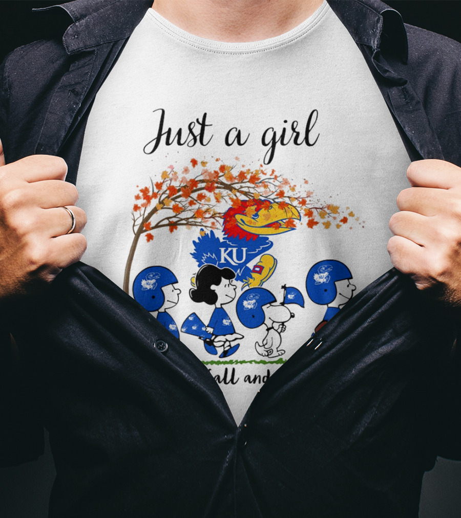 Just A Girl Who Loves Fall And Jayhawks Peanuts Cartoon Halloween KU T-Shirt