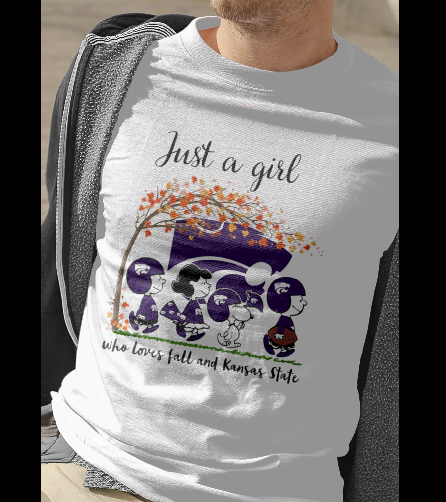 Just A Girl Who Loves Fall And Kansas State Peanuts Cartoon Halloween Football Players T-Shirt