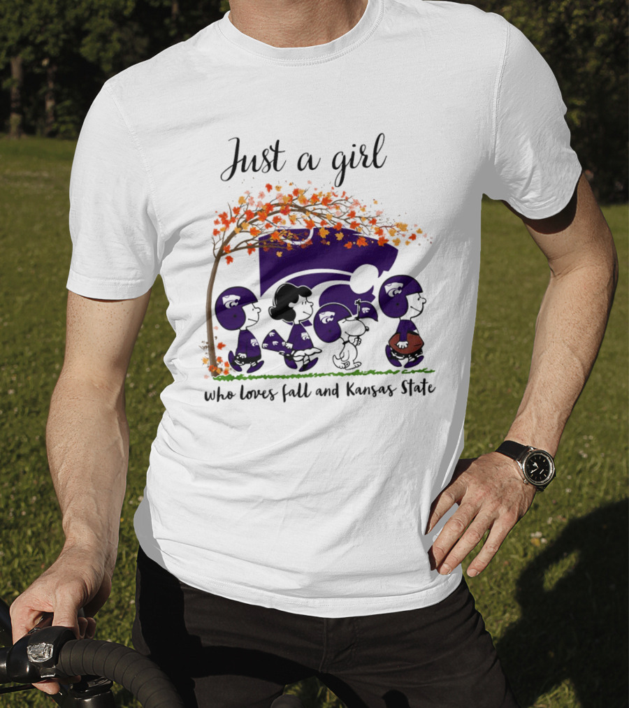 Just A Girl Who Loves Fall And Kansas State Peanuts Cartoon Halloween Football Players T-Shirt