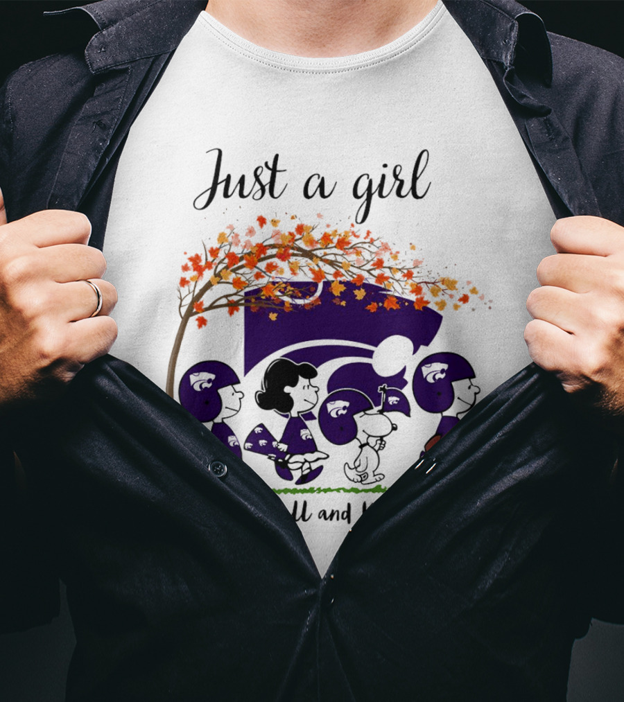 Just A Girl Who Loves Fall And Kansas State Peanuts Cartoon Halloween Football Players T-Shirt