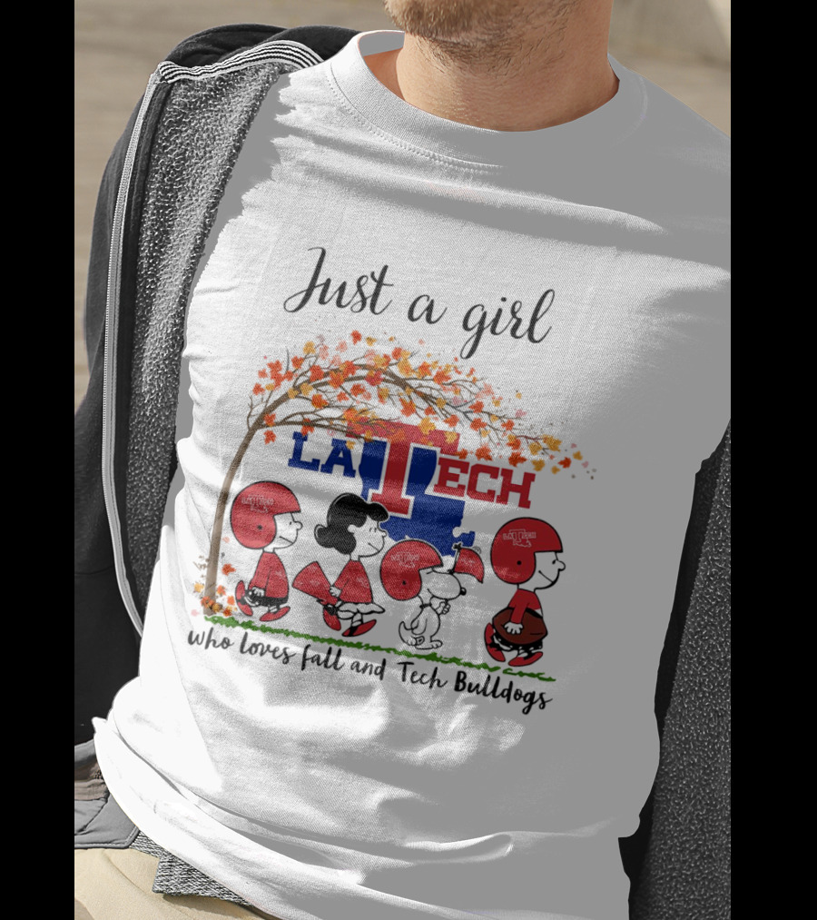 Just A Girl Who Loves Fall And LA Tech Bulldogs Peanuts Cartoon T-Shirt