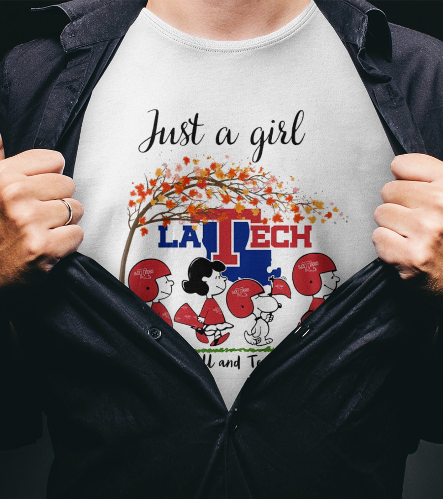 Just A Girl Who Loves Fall And LA Tech Bulldogs Peanuts Cartoon T-Shirt