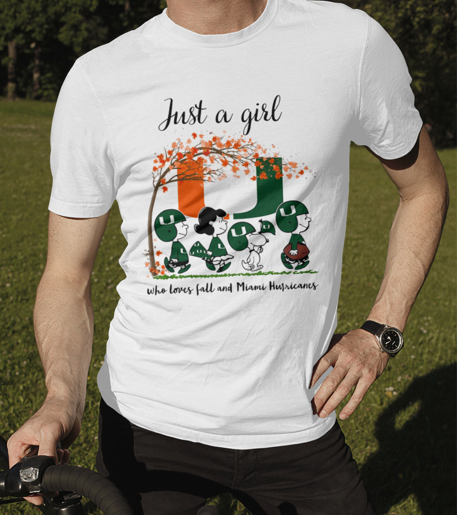 Just A Girl Who Loves Fall And Miami Hurricanes Peanuts Cartoon T-Shirt