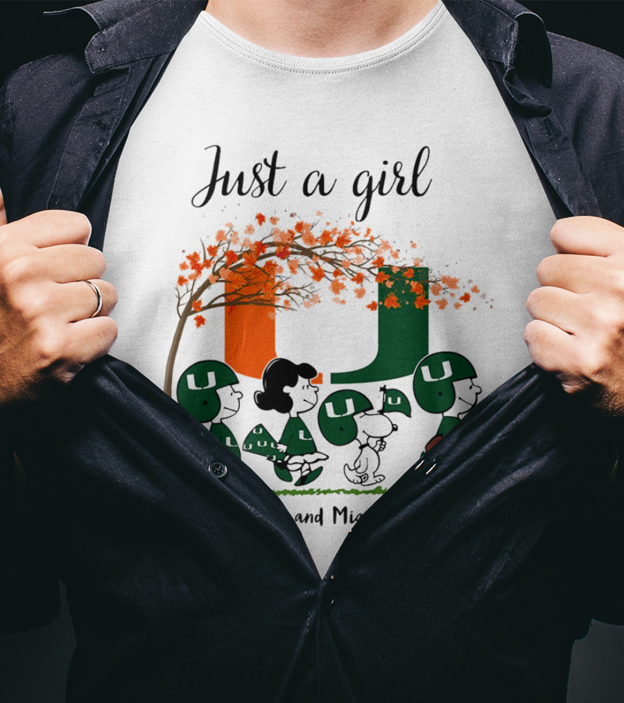 Just A Girl Who Loves Fall And Miami Hurricanes Peanuts Cartoon T-Shirt