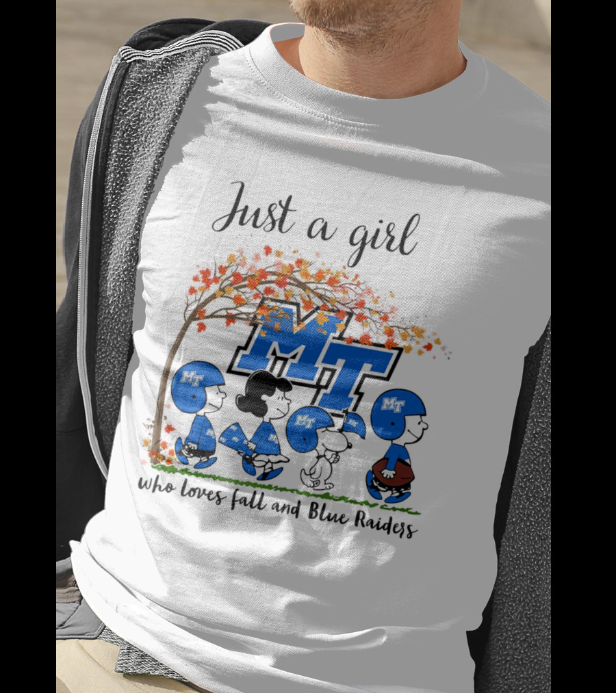 Just A Girl Who Loves Fall And Middle Tennessee Blue Raiders Peanuts Cartoon T-Shirt