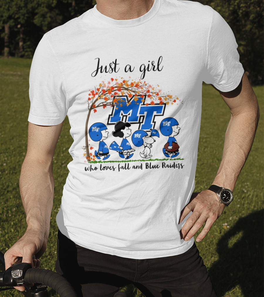 Just A Girl Who Loves Fall And Middle Tennessee Blue Raiders Peanuts Cartoon T-Shirt