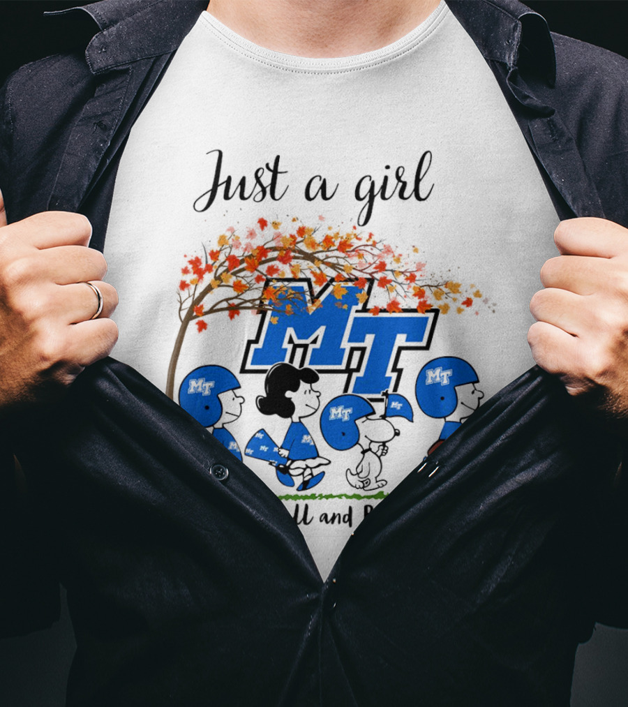 Just A Girl Who Loves Fall And Middle Tennessee Blue Raiders Peanuts Cartoon T-Shirt