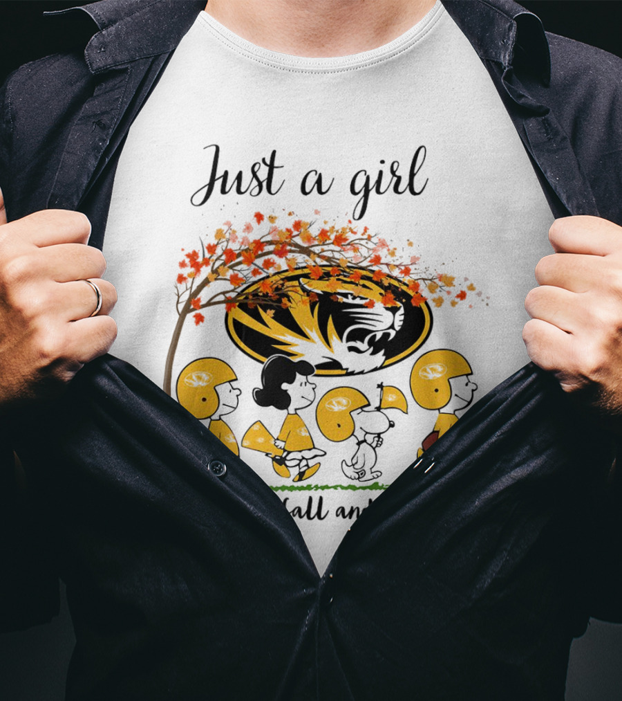 Just A Girl Who Loves Fall And Missouri Peanuts Cartoon Halloween Football Tiger Leaves T-Shirt