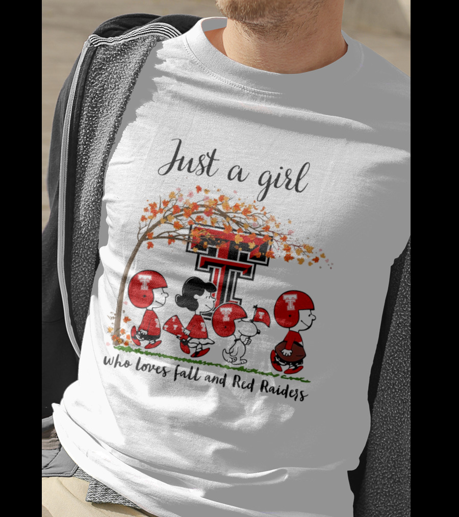 Just A Girl Who Loves Fall And Red Raiders Peanuts Cartoon Football Fans T-Shirt
