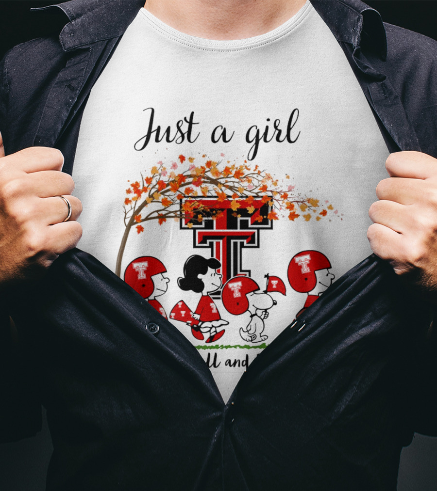 Just A Girl Who Loves Fall And Red Raiders Peanuts Cartoon Football Fans T-Shirt