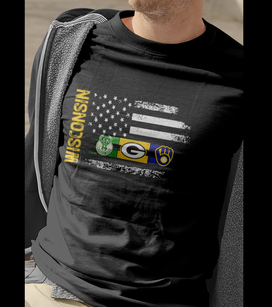 Wisconsin Flag American Sports Green Bay Packers Milwaukee Bucks Milwaukee Brewers T-Shirt