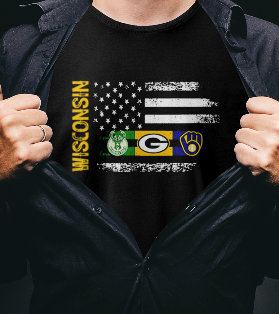 Wisconsin Flag American Sports Green Bay Packers Milwaukee Bucks Milwaukee Brewers T-Shirt