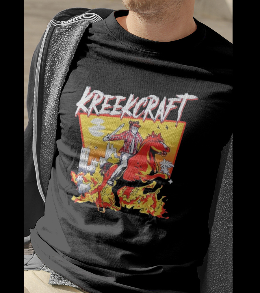 Kreekcraft Warrior Riding Fiery Horse In Urban Landscape T-Shirt