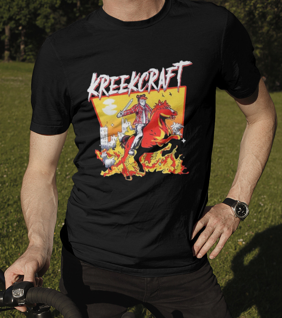Kreekcraft Warrior Riding Fiery Horse In Urban Landscape T-Shirt