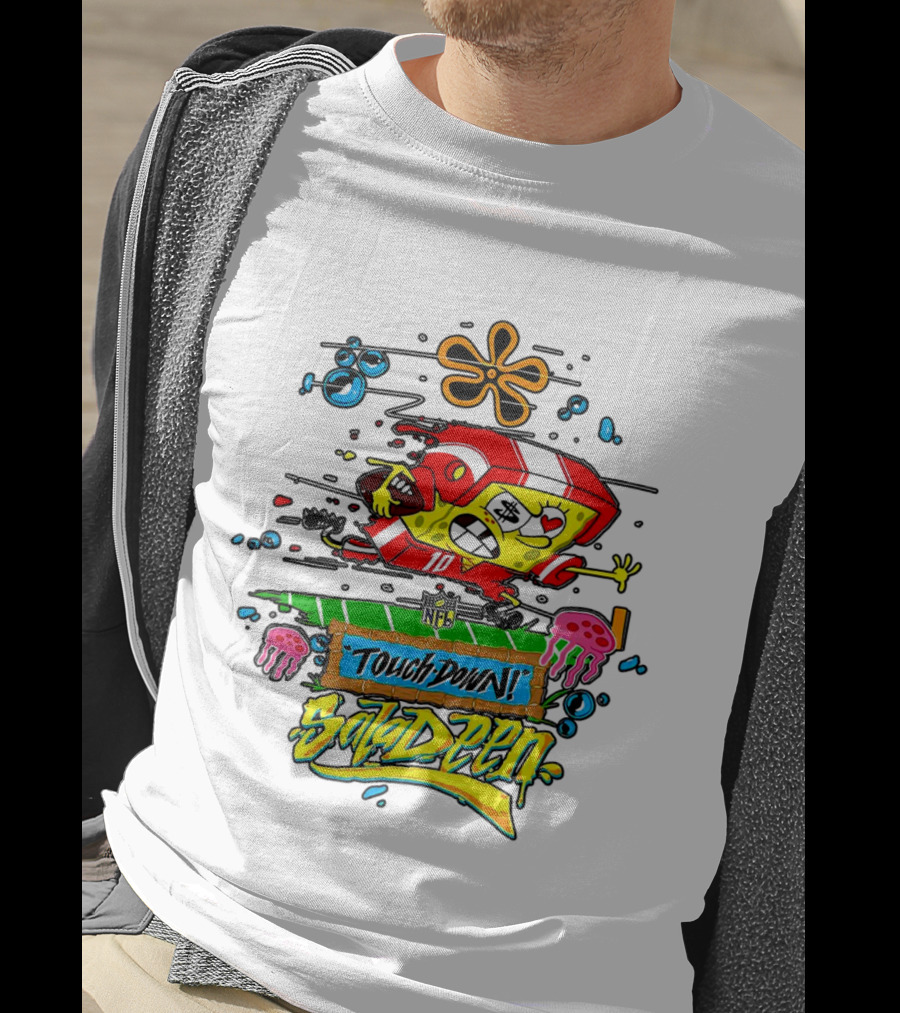 NFL Junk Food SpongeBob X King Saladeen Touchdown Saladeen Graffiti Art Football Character Burst T-Shirt
