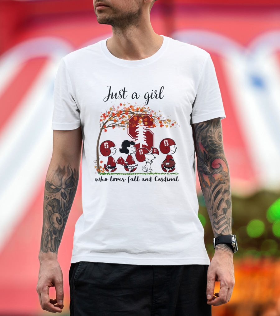 Just a Girl Who Loves Fall and Cardinal Peanuts Cartoon Football T-Shirt