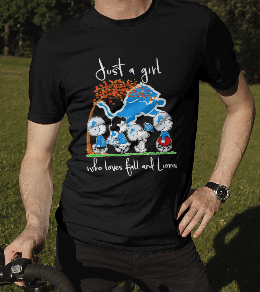 Snoopy Peanuts Just A Girl Who Loves Fall And Detroit Lions Football T-Shirt