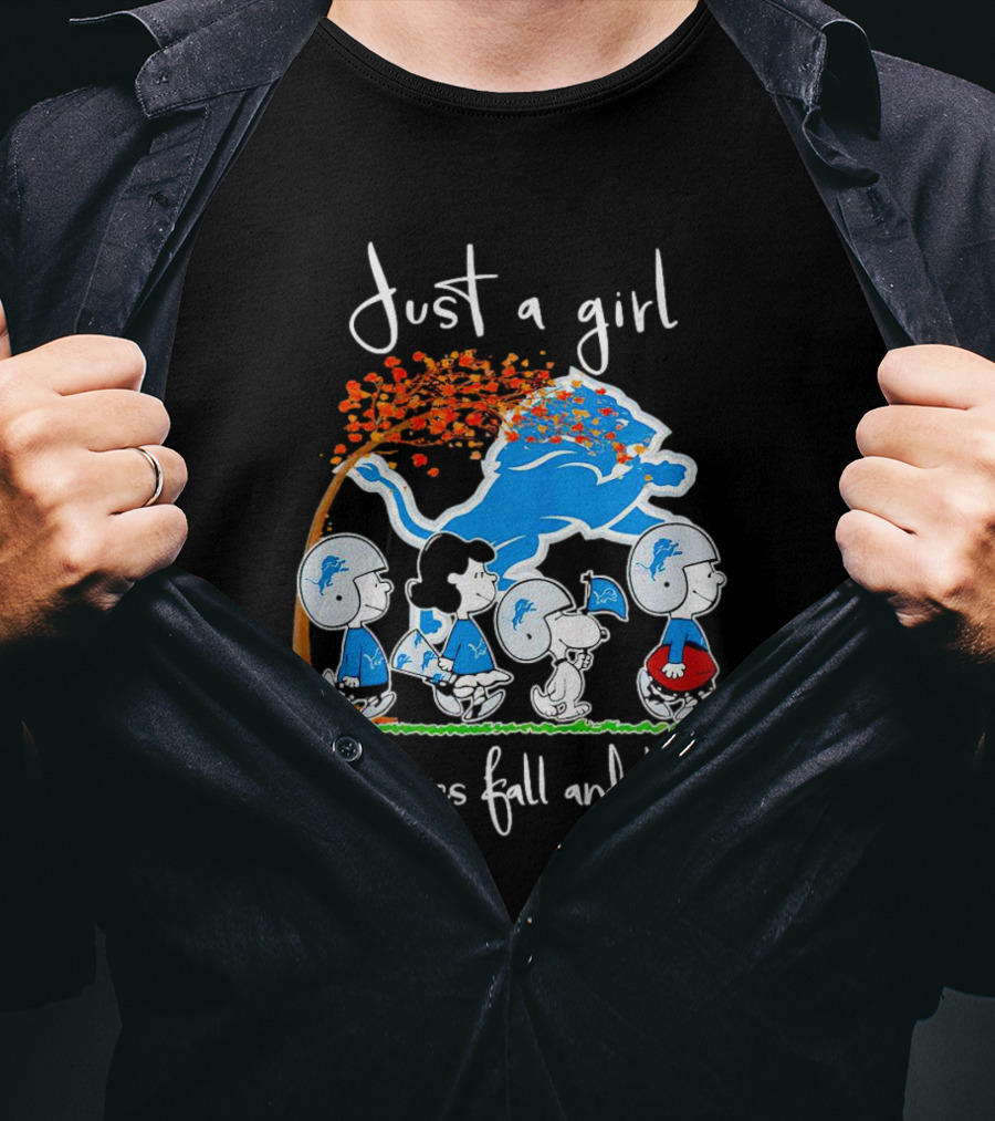 Snoopy Peanuts Just A Girl Who Loves Fall And Detroit Lions Football T-Shirt