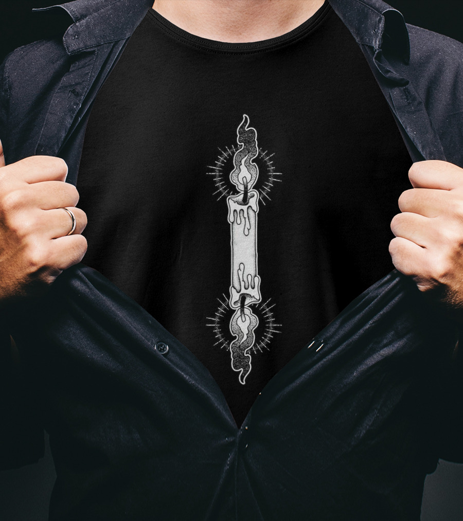 Burnt Out Melting Candle With Flames And Halo Glow T-Shirt