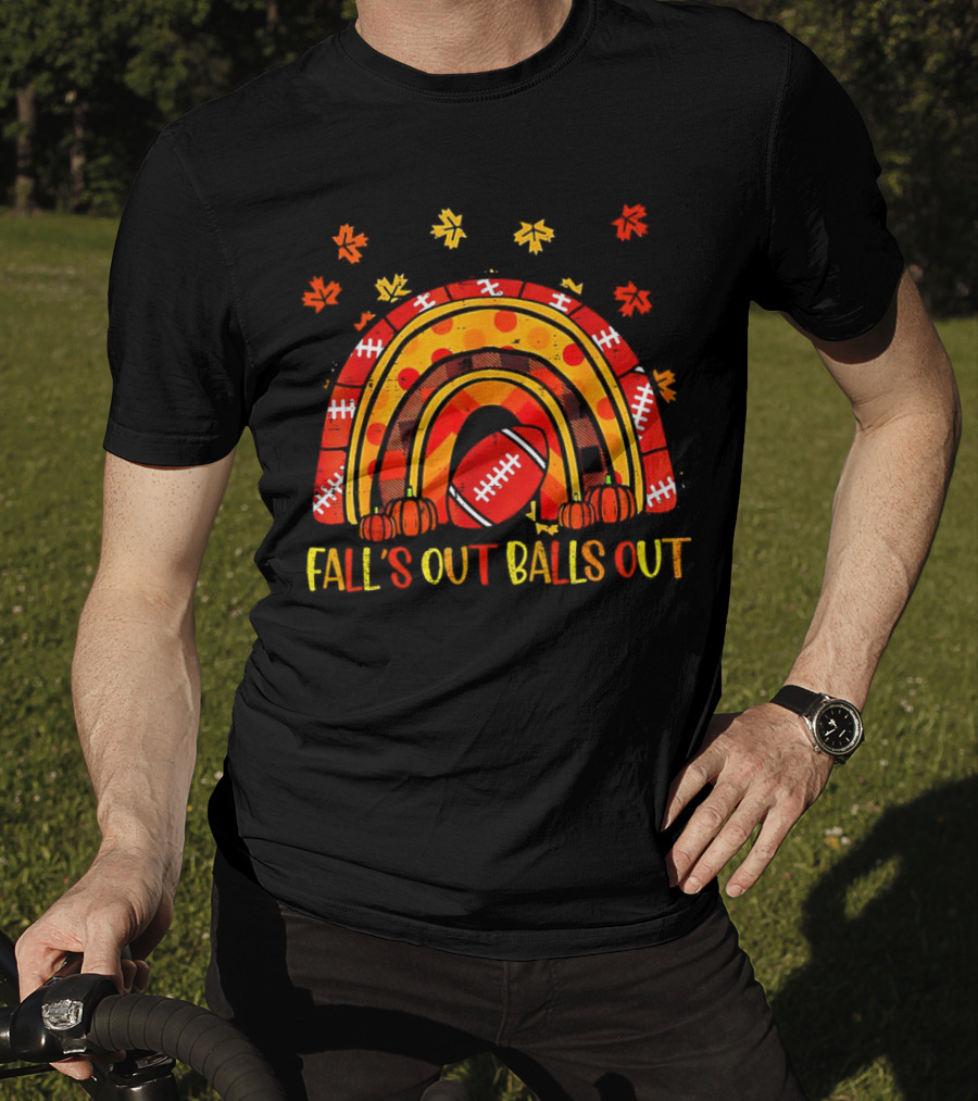 Fall's Out Balls Out Rainbow American Football Autumn Leaves T-Shirt