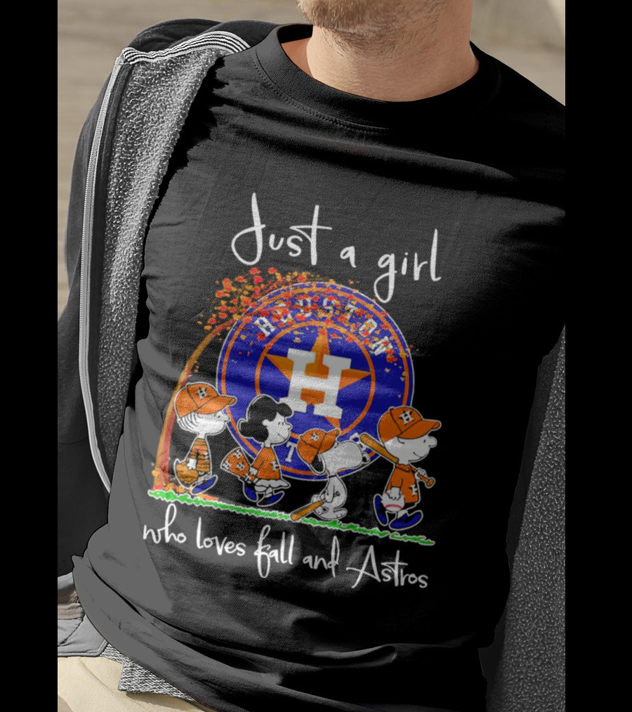 Just A Girl Who Loves Fall And Houston Astros Snoopy Peanuts Baseball Scene T-Shirt