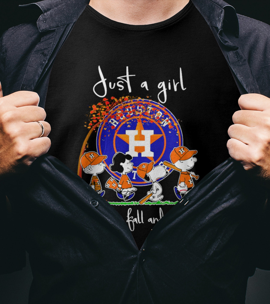 Just A Girl Who Loves Fall And Houston Astros Snoopy Peanuts Baseball Scene T-Shirt