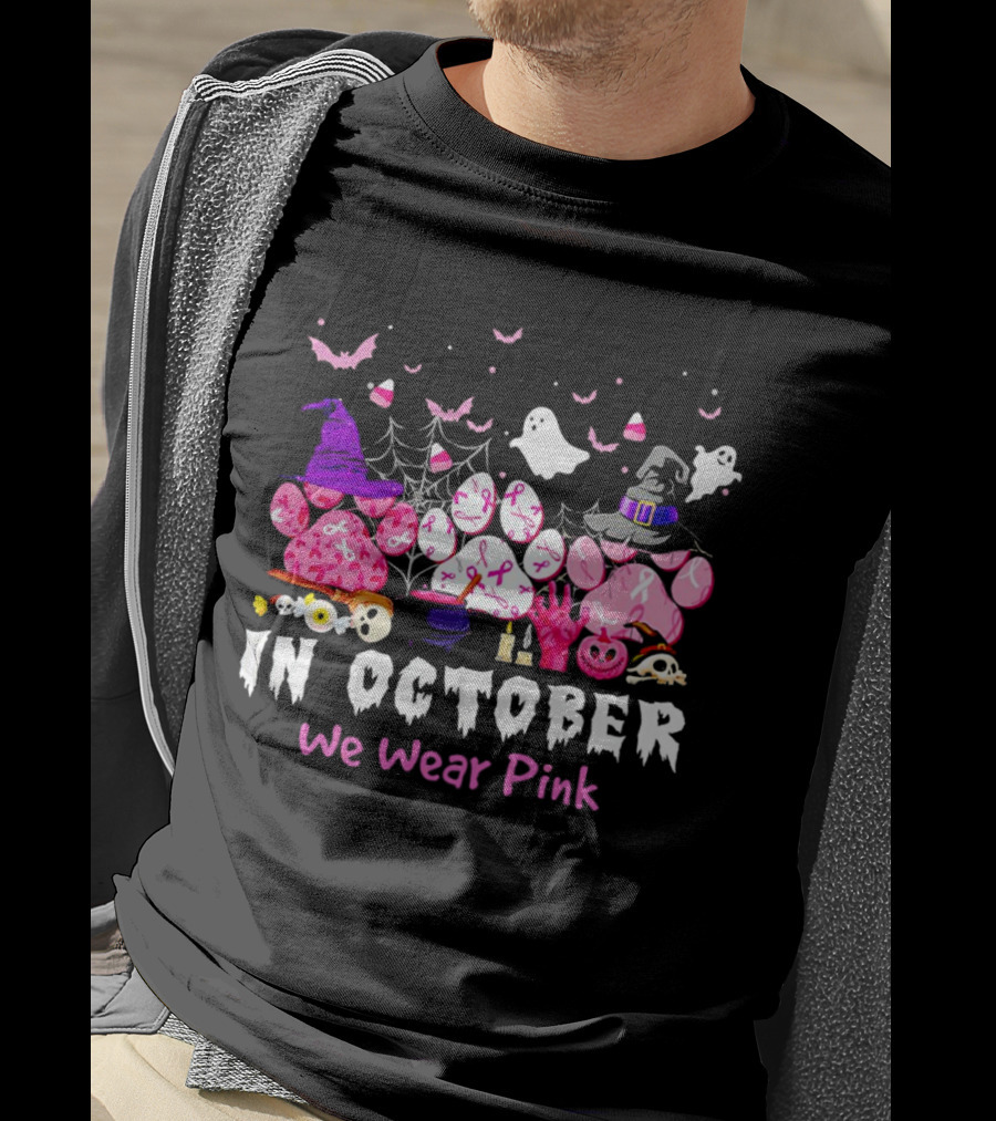 In October We Wear Pink Halloween Dog Paws Ghost Witch Hat T-Shirt