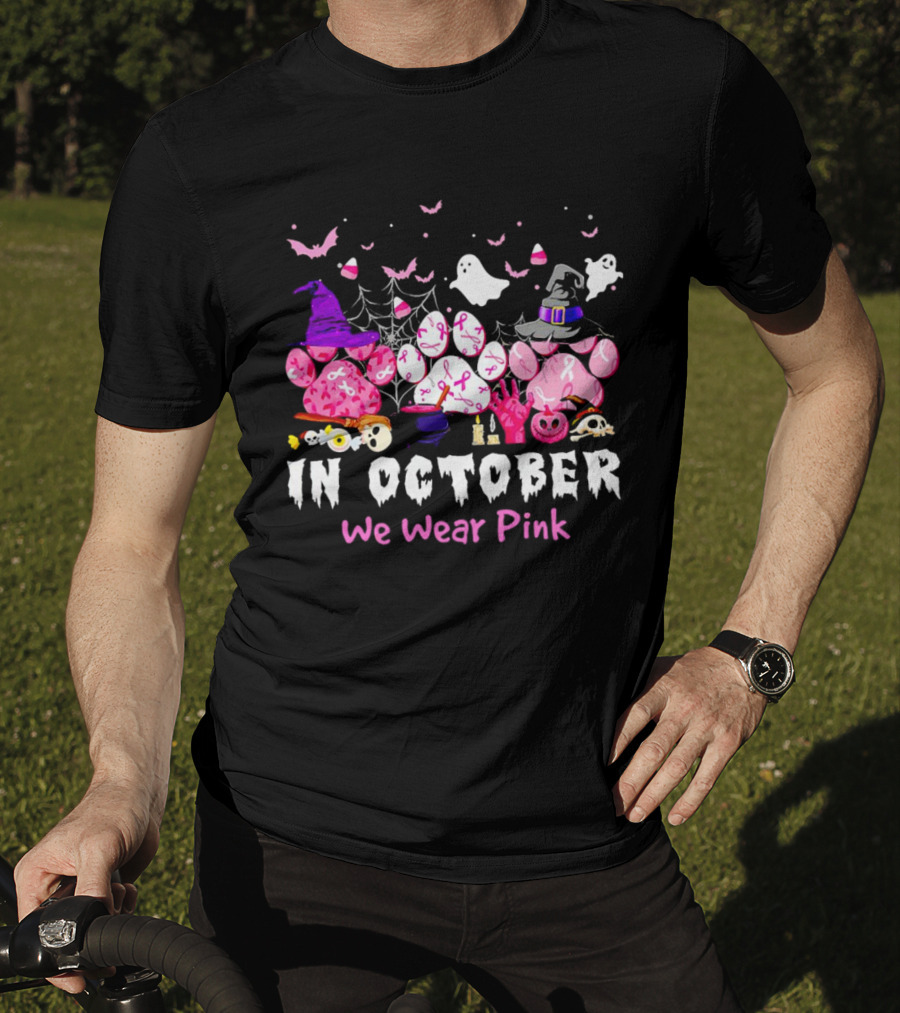 In October We Wear Pink Halloween Dog Paws Ghost Witch Hat T-Shirt