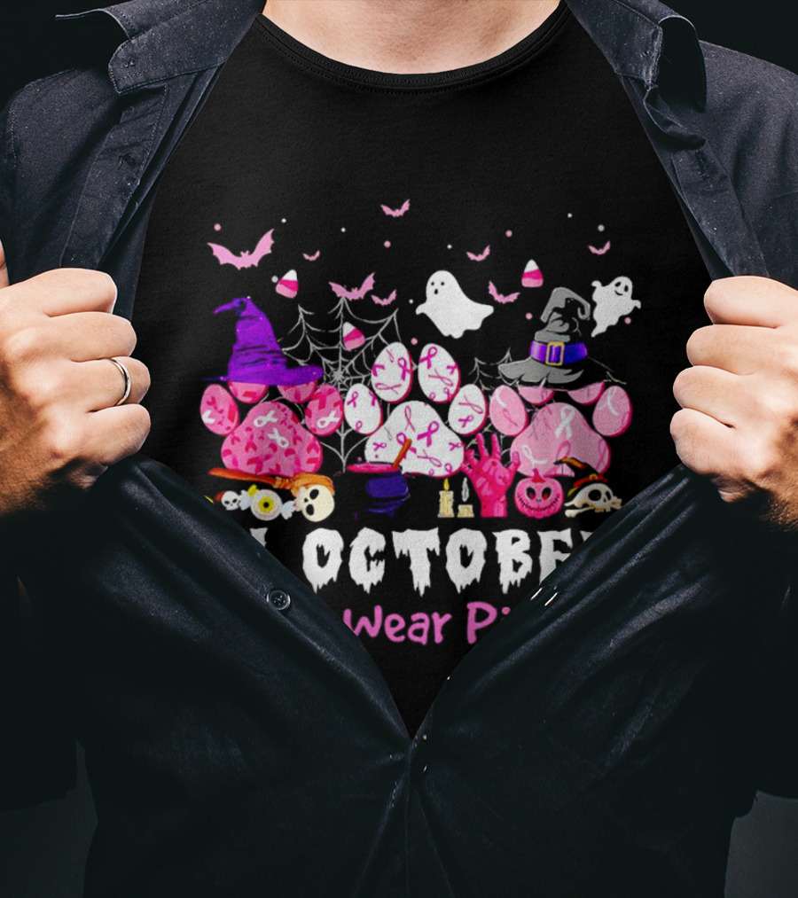 In October We Wear Pink Halloween Dog Paws Ghost Witch Hat T-Shirt