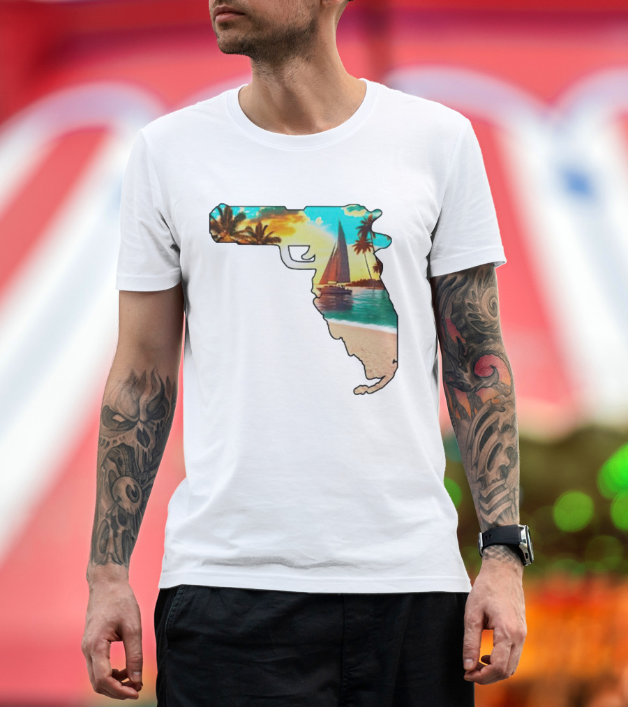 Florida Sunset Beach Sailboat Gun Shape T-Shirt