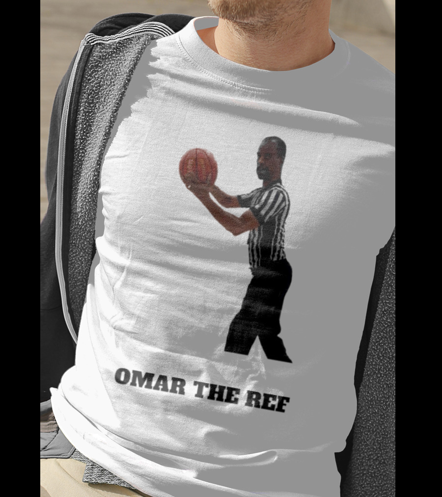 Omar The Ref Holding Basketball In Striped Uniform T-Shirt