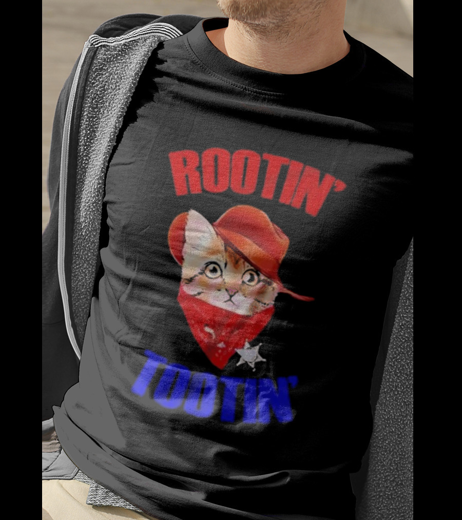 Rootin Tootin Cat Cowboy Vintage Red Hat And Bandana With Sheriff Star T-Shirt