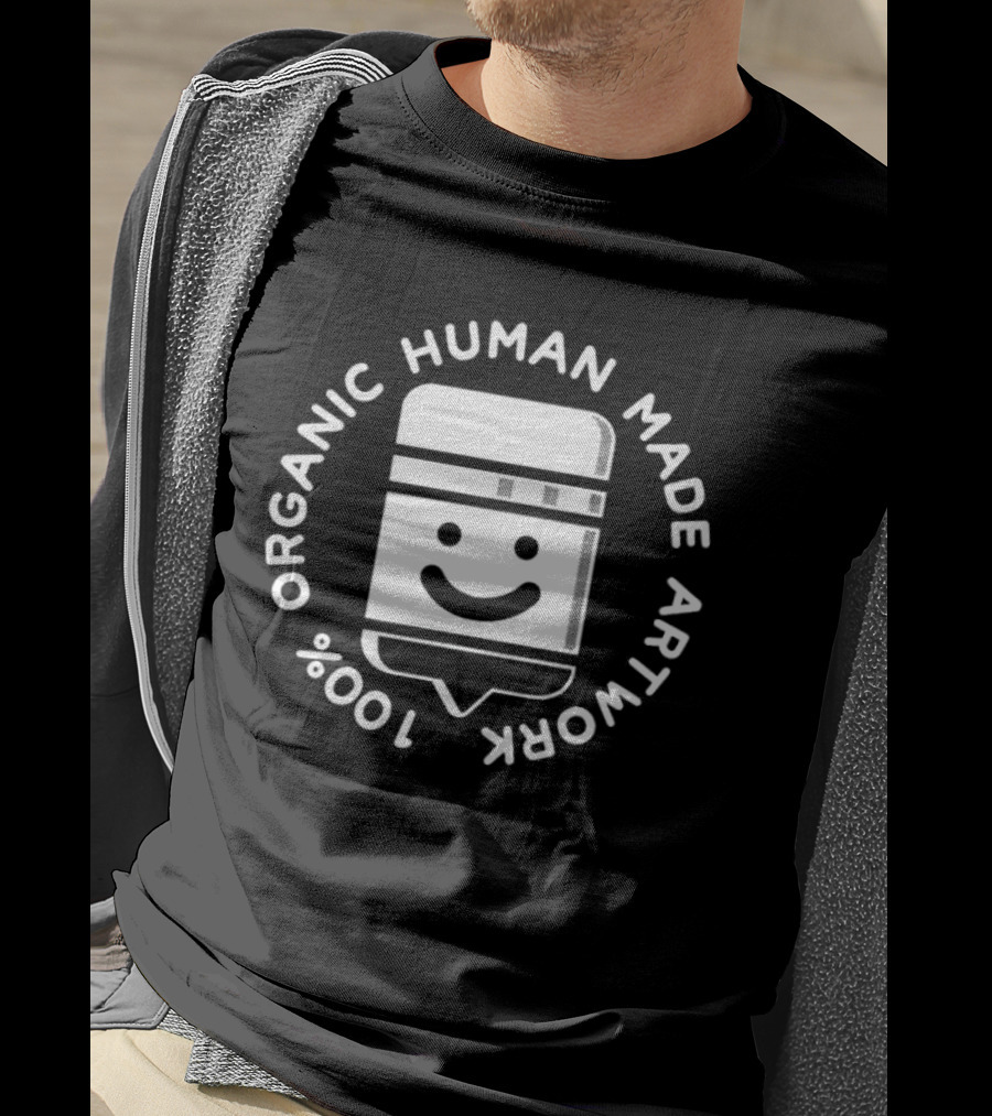 100% Organic Human Made Artwork Smiley Face Badge T-Shirt