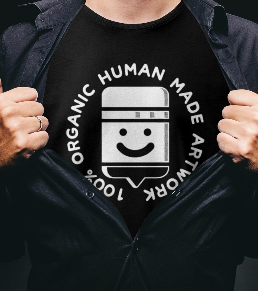 100% Organic Human Made Artwork Smiley Face Badge T-Shirt