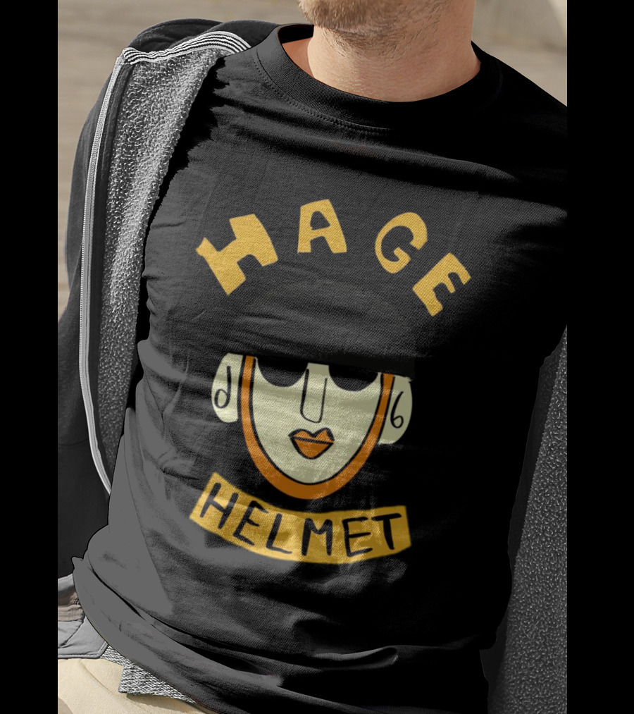 HAGE Helmet Face Black Cap Bold Lettering T-Shirt